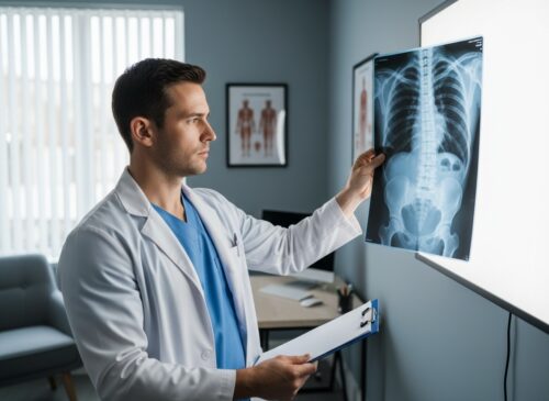 Médico especialista em escoliose analisando radiografia da coluna vertebral para avaliação do grau de curvatura e definição do tratamento conservador, incluindo opções como exercícios do Método Schroth e órtese 3D. Guia completo do Instituto de Escoliose sobre diagnóstico, tratamento e resultados clínicos
