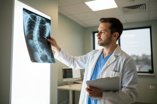 Médico analisa radiografia da coluna vertebral com curvatura característica da escoliose, ilustrando o processo de diagnóstico descrito no artigo ‘Escoliose: o guia completo sobre causas, tipos e diagnósticos’ do Instituto de Escoliose
