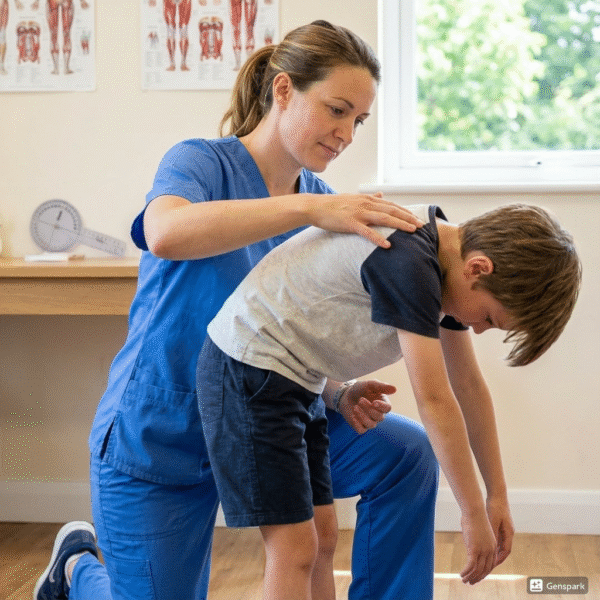Profissional de fisioterapia em uniforme médico azul realiza avaliação postural em criança, que está inclinada para frente com as mãos tocando suas costas, em consultório clínico bem iluminado.
