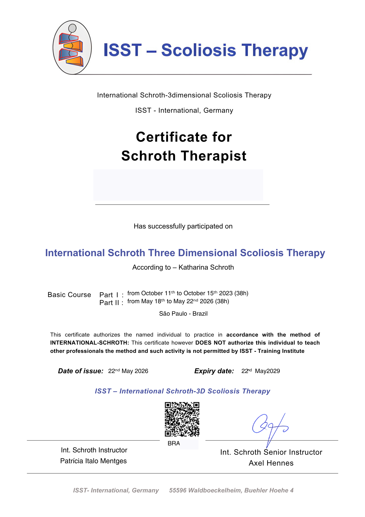 Certificado do Curso Método Schroth ISST internacional